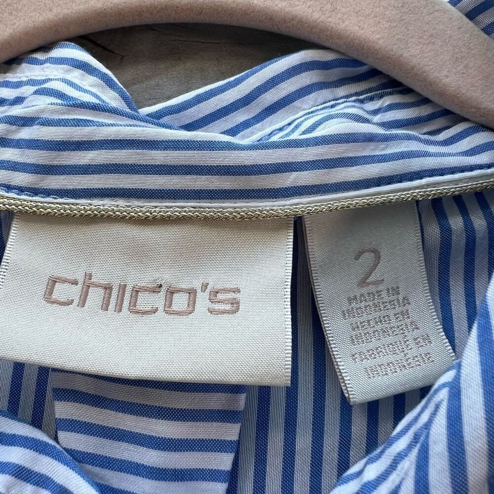 Chicos Womens Blue White High Low Striped Button Front Long Sleeve Blouse Size 2 - Picture 2 of 10